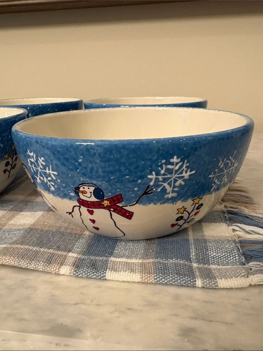 St. Nicholas Square 6 Button Up Blue Snowman Cereal / Soup Bowls Holiday